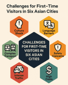 Hexagon infographic highlighting six major challenges for first-time travelers in Asian cities, including culture shock, language barriers, complex transport, safety concerns, intense traffic, and high costs, centered around the theme 'Challenges for First-Time Visitors in Six Asian Cities.
