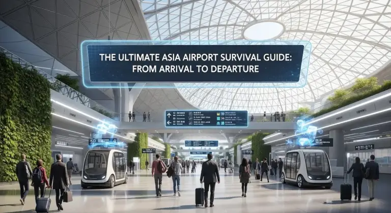Picture of a futuristic Asian Airport with the title "The Ultimate Asia Airport Survival Guide"