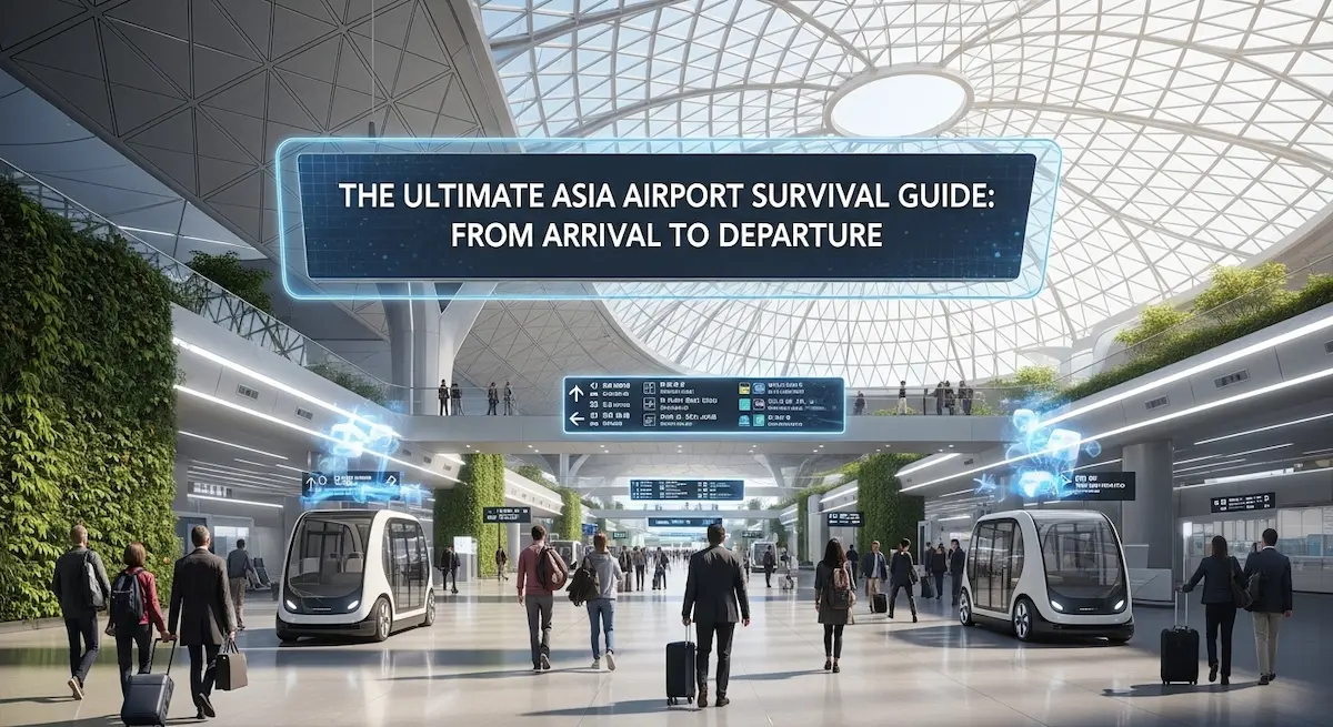 Picture of a futuristic Asian Airport with the title "The Ultimate Asia Airport Survival Guide"