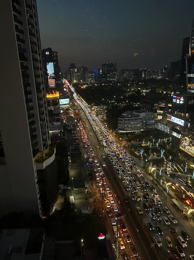 Bangkok at night showing the traffic during rush hour