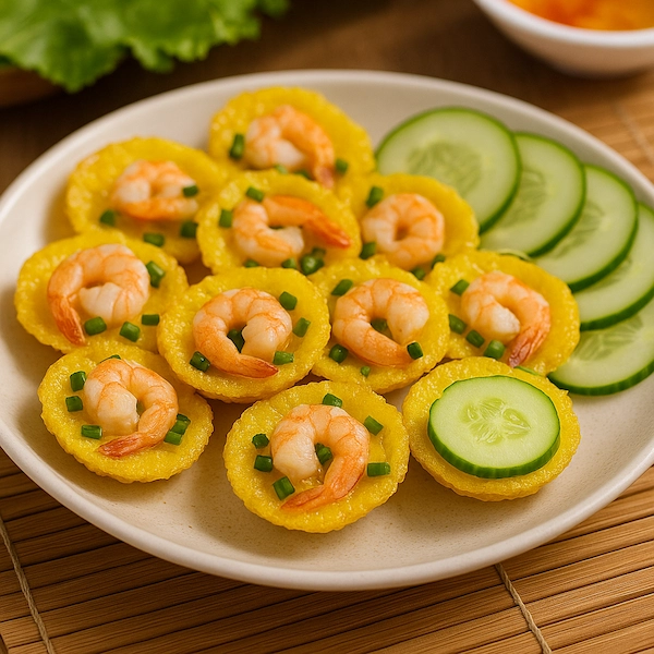 A white plate displaying golden, crispy Bánh Khọt, which are miniature Vietnamese savory pancakes. Each small pancake is topped with a single shrimp and chopped chives.