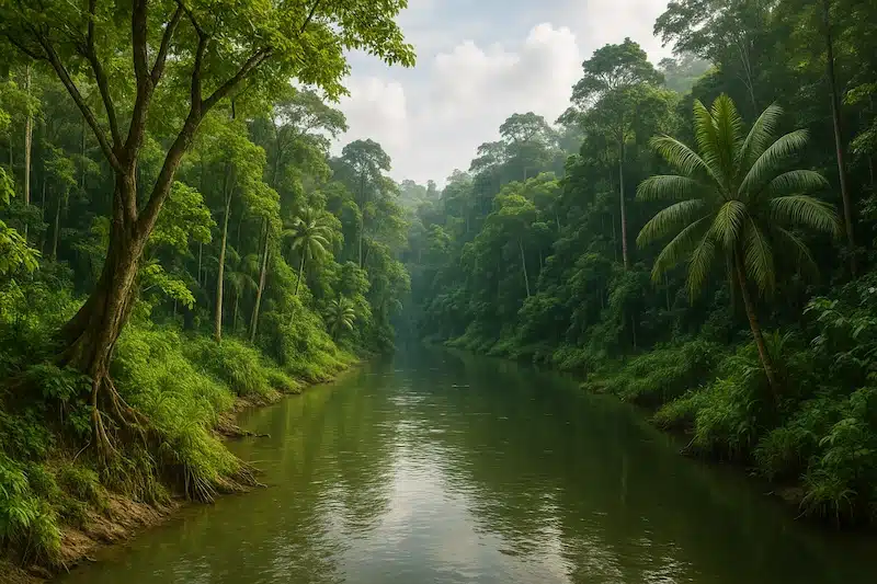 A tranquil, wide river flowing through the dense, vibrant green rainforest of Borneo, Malaysia. The lush jungle canopy and tropical trees line the riverbanks.