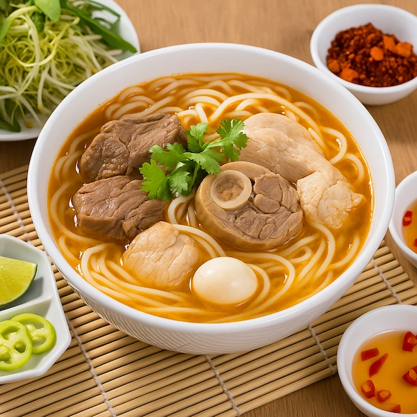 A close-up of a white bowl filled with Bún Bò Huế, a Vietnamese spicy beef noodle soup. The rich, red-orange broth contains thick rice noodles, beef shank, a pork hock, and a quail egg.