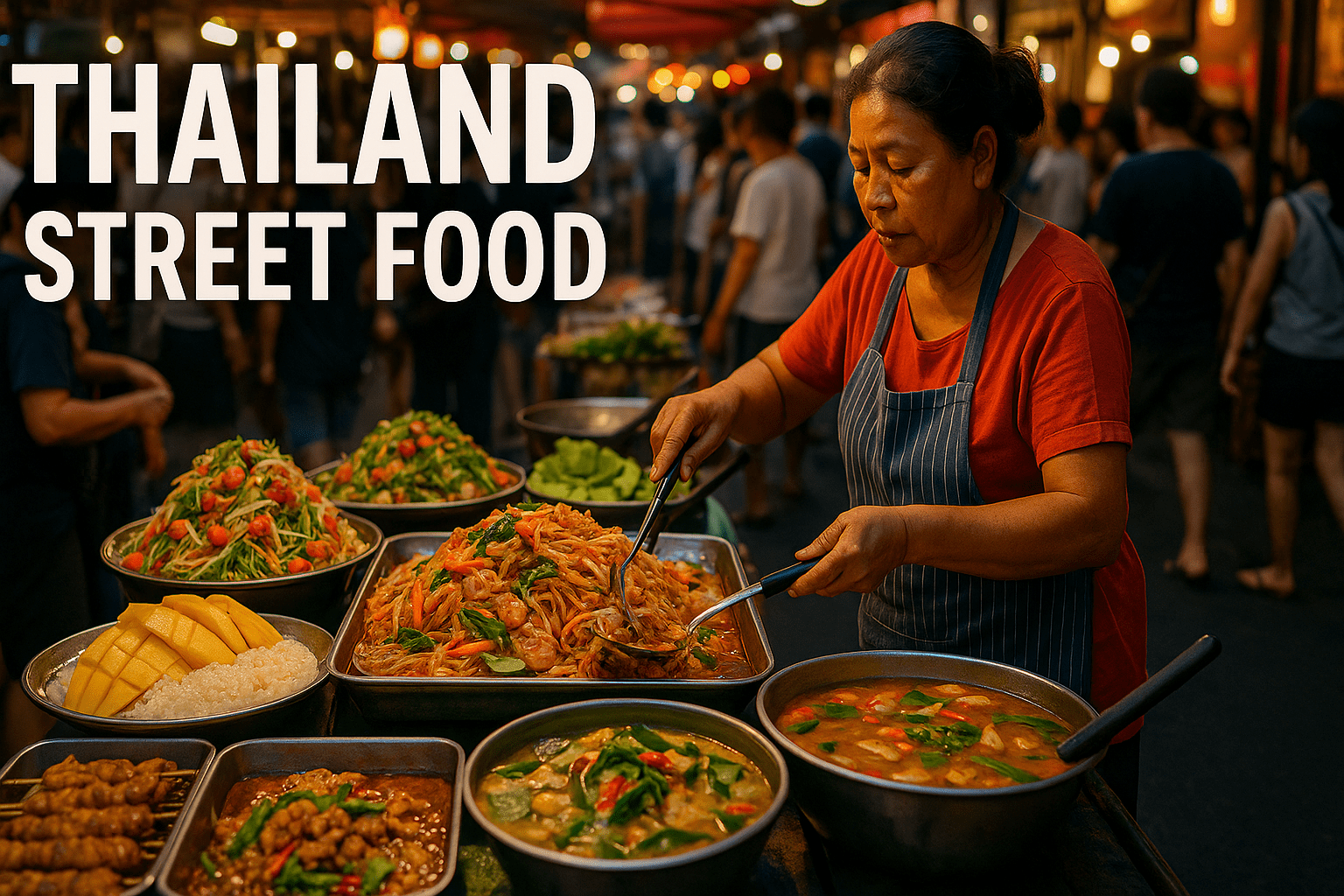 A vibrant Thai street food scene at night, with colorful food stalls lining the street, steam rising from sizzling woks, and people enjoying local dishes under warm lights in a bustling market.