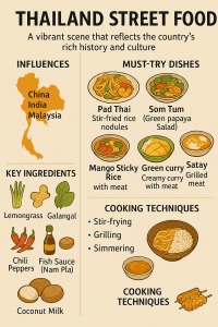Colorful infographic of Thailand street food with illustrated dishes like Pad Thai, Mango Sticky Rice, Som Tum, and Satay, plus a map showing regional specialties.
