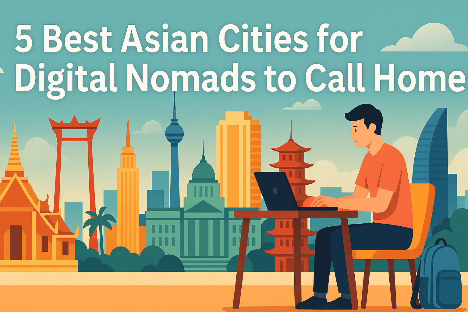A digital illustration shows a young man working on a laptop at a table with a backpack beside him, set against a backdrop of iconic Asian city landmarks including temples, modern skyscrapers, and towers. The scene highlights a blend of nature with palm trees and urban elements under a clear blue sky. Bold white text reads, "5 Best Asian Cities for Digital Nomads to Call Home.