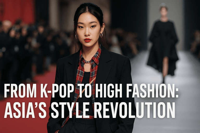 A stylish East Asian woman stands confidently on a fashion runway, wearing a black blazer layered over a red plaid shirt with bold silver jewelry. Her poised expression and sleek hair contrast against a blurred background of photographers and a model in a black dress, symbolizing the fusion of K-pop aesthetics and high fashion. Large text overlay reads: “From K-Pop to High Fashion: Asia’s Style Revolution.”
