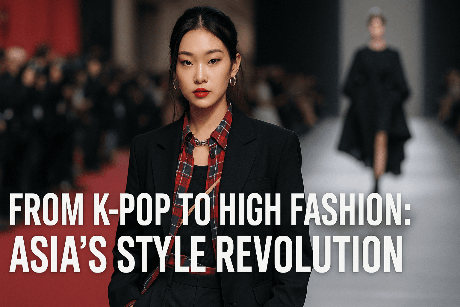 A stylish East Asian woman stands confidently on a fashion runway, wearing a black blazer layered over a red plaid shirt with bold silver jewelry. Her poised expression and sleek hair contrast against a blurred background of photographers and a model in a black dress, symbolizing the fusion of K-pop aesthetics and high fashion. Large text overlay reads: “From K-Pop to High Fashion: Asia’s Style Revolution.”