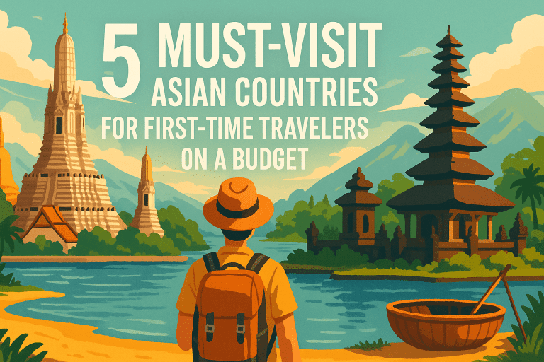 Illustration of a solo traveler with a backpack facing iconic Asian landmarks like Wat Arun and a Balinese temple, with the text "5 Must-Visit Asian Countries for First-Time Travelers on a Budget" over a scenic tropical landscape.