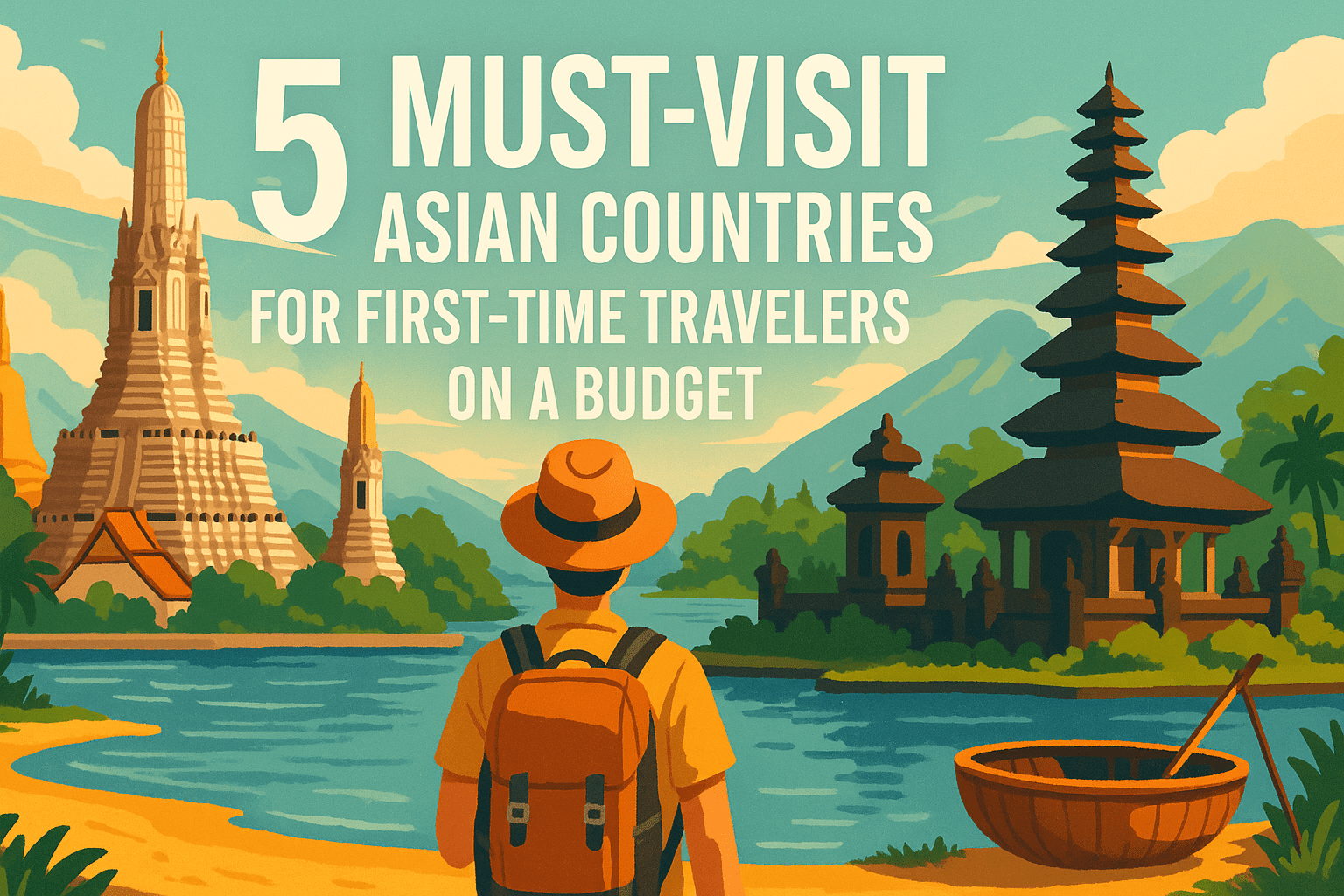 Illustration of a solo traveler with a backpack facing iconic Asian landmarks like Wat Arun and a Balinese temple, with the text "5 Must-Visit Asian Countries for First-Time Travelers on a Budget" over a scenic tropical landscape.