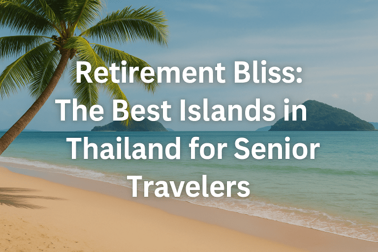 A tranquil Thai beach with soft beige sand, turquoise water, and lush green islands in the background; a palm tree leans in from the left, and large white text reads, "Retirement Bliss: The Best Islands in Thailand for Senior Travelers."