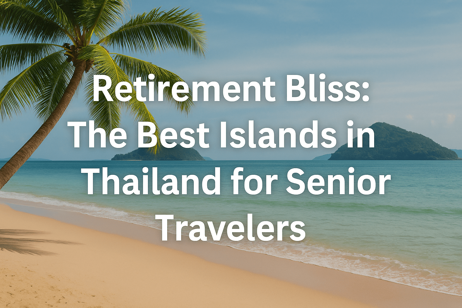 A tranquil Thai beach with soft beige sand, turquoise water, and lush green islands in the background; a palm tree leans in from the left, and large white text reads, "Retirement Bliss: The Best Islands in Thailand for Senior Travelers."