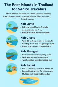 Infographic titled "The Best Islands in Thailand for Senior Travelers" showing four recommended islands—Koh Lanta, Koh Chang, Koh Phangan, and Koh Samui—each with an illustrated icon and bullet points describing their senior-friendly features such as clinics, calm environments, wellness communities, and good infrastructure.