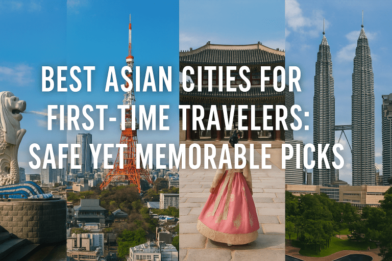 A composite digital photograph divided into four vertical panels, each showcasing a landmark from a major Asian city: Singapore's Merlion statue, Tokyo Tower in Japan, Gwanghwamun Gate in Seoul with a person in traditional hanbok, and Kuala Lumpur’s Petronas Twin Towers. Bold white text across the image reads: “Best Asian Cities for First-Time Travelers: Safe Yet Memorable Picks.” The cities are depicted in clear daylight, emphasizing safety, culture, and urban vibrancy.