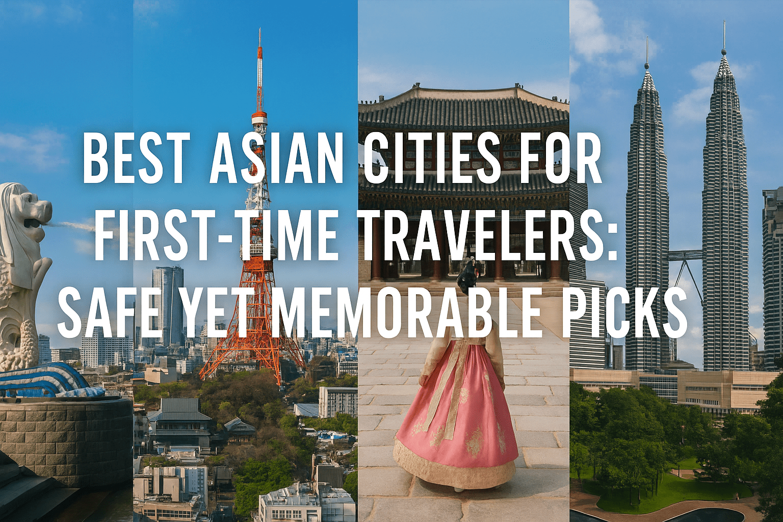 A composite digital photograph divided into four vertical panels, each showcasing a landmark from a major Asian city: Singapore's Merlion statue, Tokyo Tower in Japan, Gwanghwamun Gate in Seoul with a person in traditional hanbok, and Kuala Lumpur’s Petronas Twin Towers. Bold white text across the image reads: “Best Asian Cities for First-Time Travelers: Safe Yet Memorable Picks.” The cities are depicted in clear daylight, emphasizing safety, culture, and urban vibrancy.