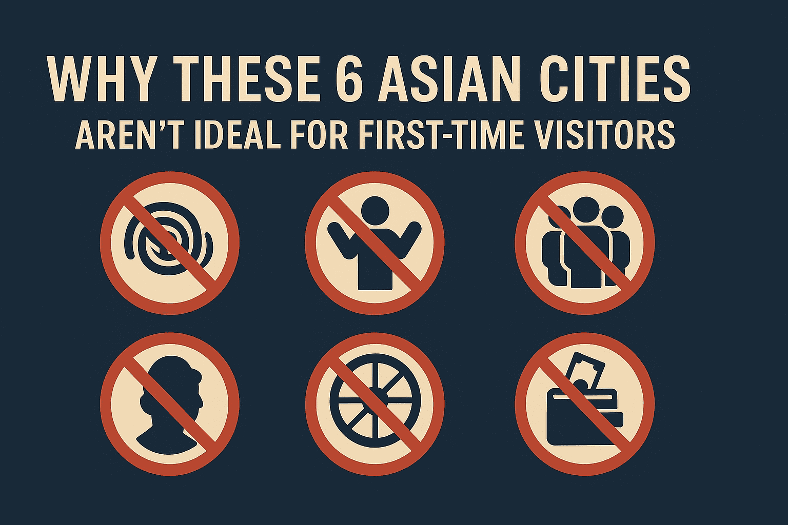 Infographic illustrating why six major Asian cities—Mumbai, Ho Chi Minh City, Jakarta, Manila, Shanghai, and Dhaka—are challenging for first-time travelers, featuring centered warning icons for language barriers, traffic, crowding, safety, navigation issues, and tourist scams on a dark blue background with bold headline text.