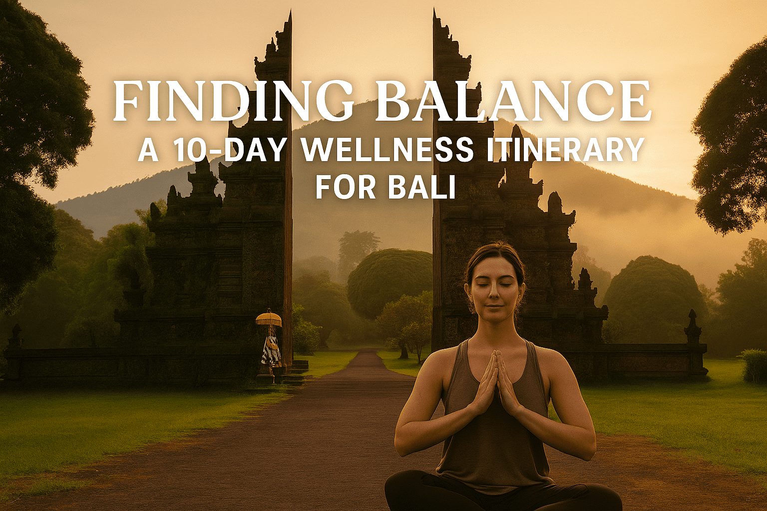 Featured image of a woman meditating in front of Bali’s iconic temple gates at sunrise, with the article title 'Finding Balance: A 10-Day Wellness Itinerary for Bali' overlaid—highlighting spiritual travel, yoga retreats, and wellness tourism in Bali.