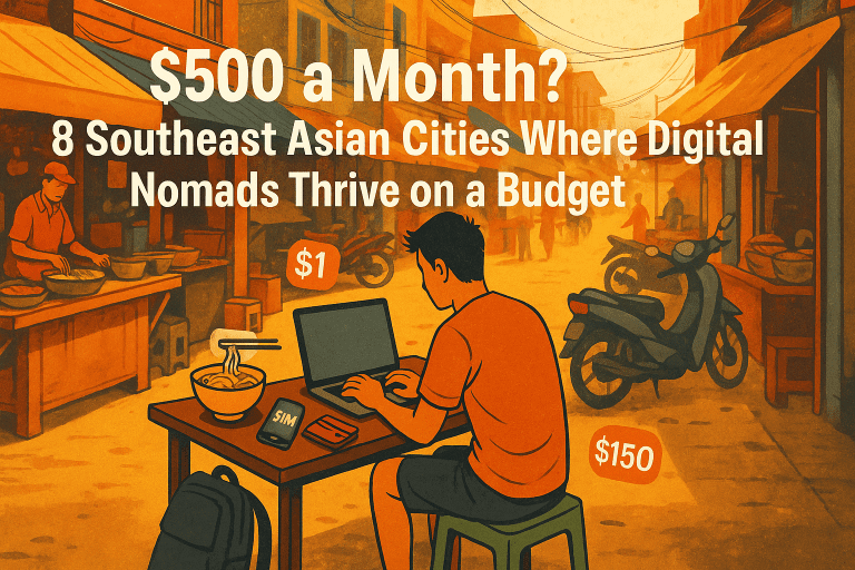 Digital nomad working on a laptop in a Southeast Asian street market setting, illustrating minimalist budget travel lifestyle with $500/month indicators for rent, food, and essentials; vibrant local backdrop with food stalls and scooters.