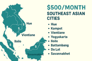Map showing 8 Southeast Asian cities where digital nomads can live on a $500 monthly budget, including Hue, Kampot, Vientiane, Yogyakarta, Iloilo, Battambang, Da Lat, and Savannakhet, with labeled locations and simple design for budget travel guidance.