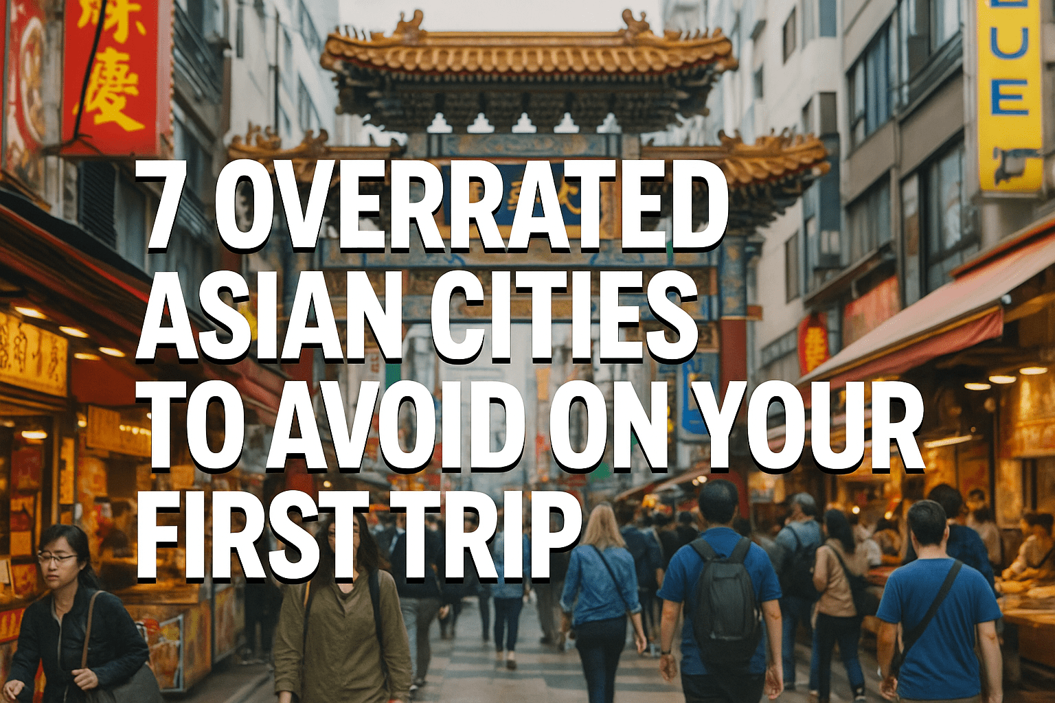 Busy Asian street market with traditional gate and colorful storefronts, overlaid with bold text reading "7 Overrated Asian Cities to Avoid on Your First Trip" — highlighting travel tips for first-time visitors seeking better alternatives to popular destinations in Asia.