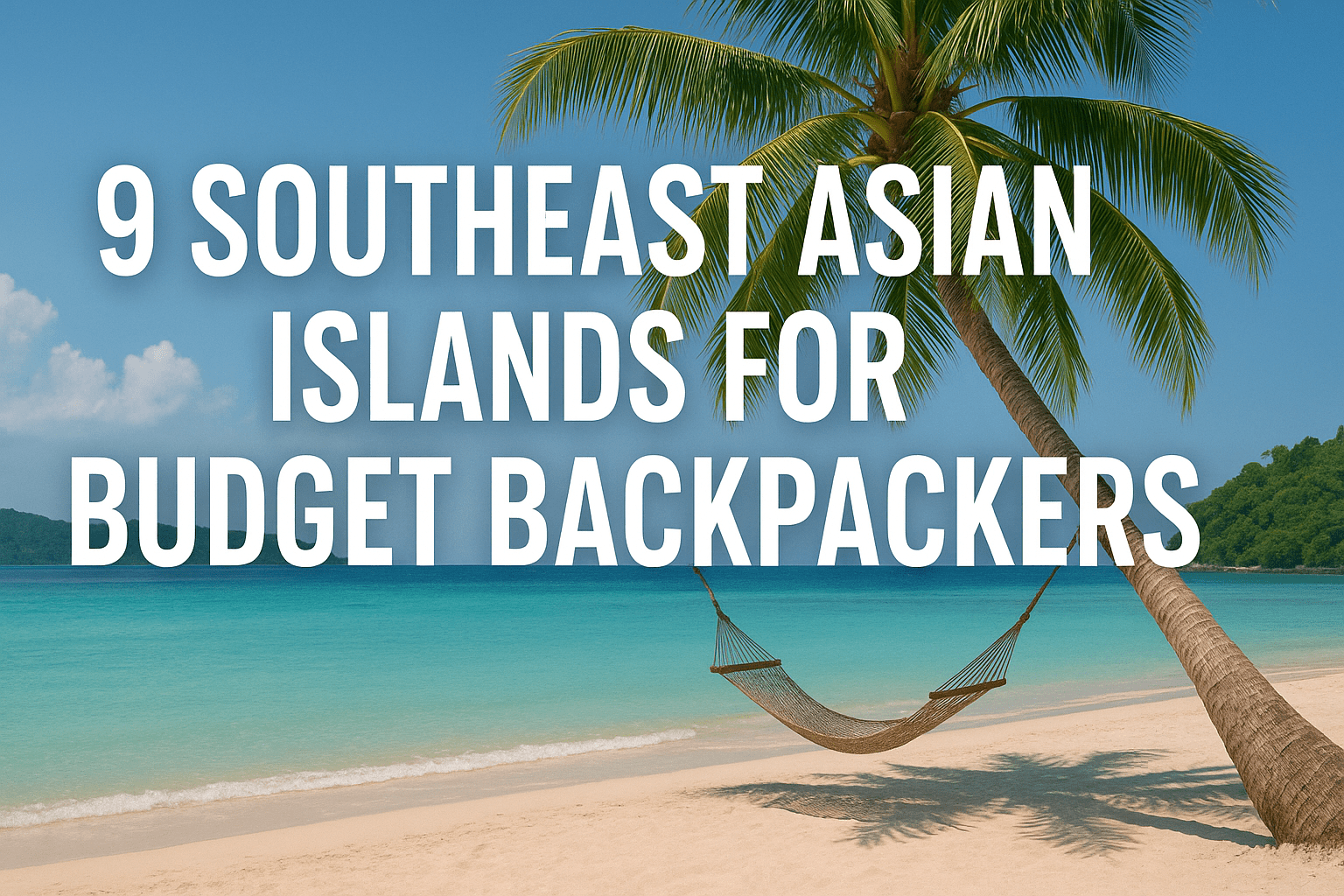 Tropical beach scene with palm tree, hammock, and turquoise sea promoting affordable Southeast Asian island destinations for budget backpackers with text overlay: '9 Southeast Asian Islands for Budget Backpackers