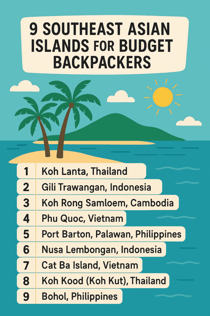Infographic listing 9 best Southeast Asian islands for budget backpackers, including Koh Lanta, Gili Trawangan, Koh Rong Samloem, Phu Quoc, Port Barton, Nusa Lembongan, Cat Ba Island, Koh Kood, and Bohol, with tropical beach illustration and travel-friendly design