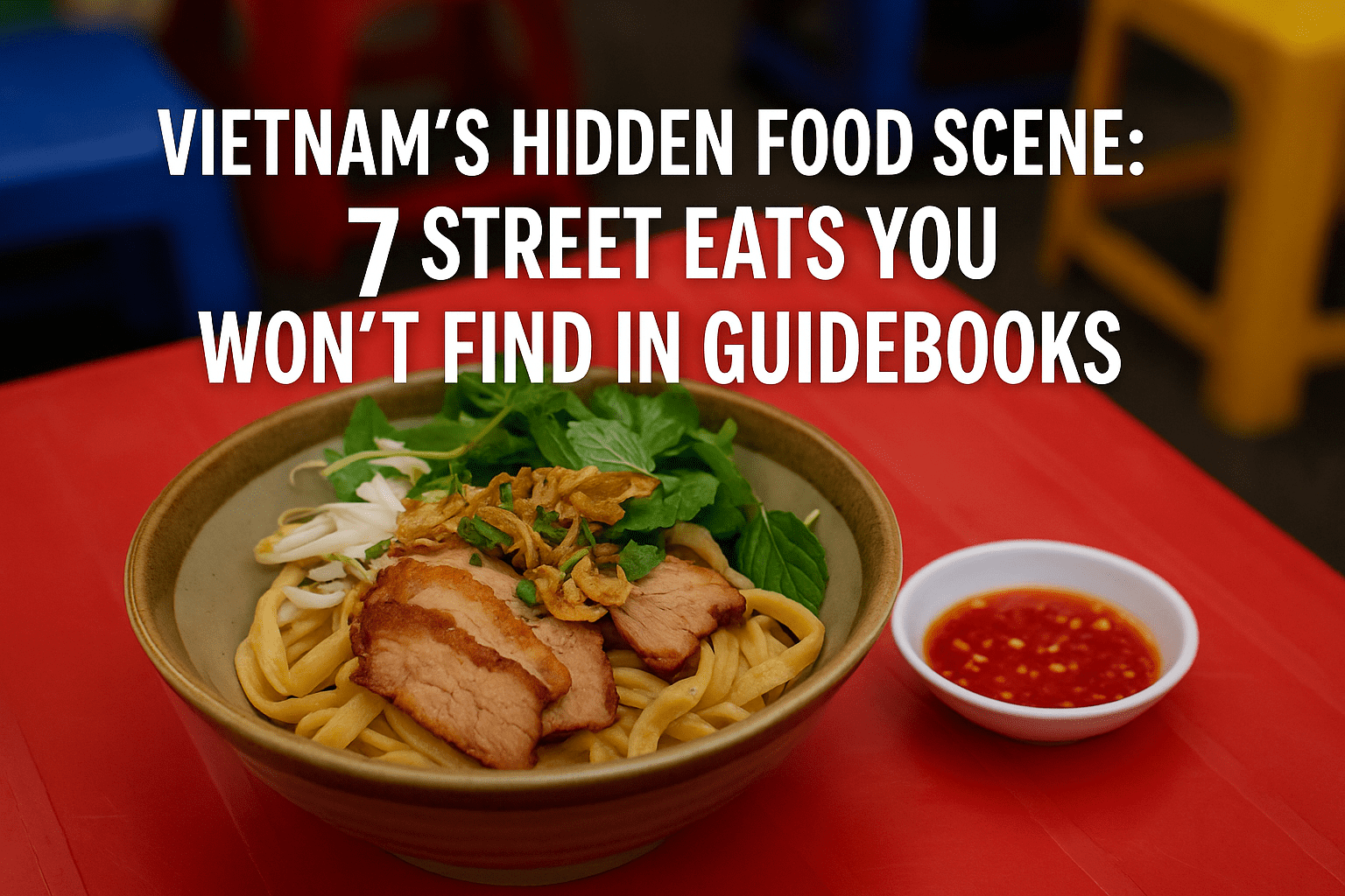 Featured image showing a vibrant bowl of Cao Lầu on a red table, with bold text overlay reading "Vietnam’s Hidden Food Scene: 7 Street Eats You Won’t Find in Guidebooks," captured at a lively Vietnamese street food stall.