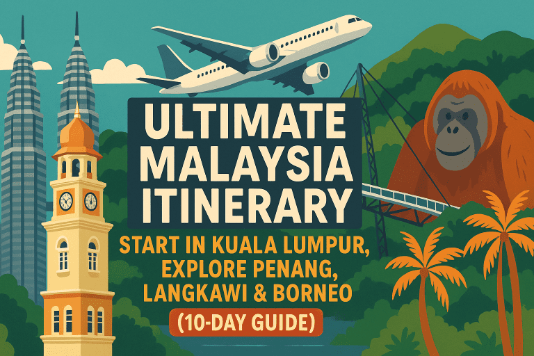 A vibrant digital illustration for the “Ultimate Malaysia Itinerary” 10-day travel guide, featuring Kuala Lumpur’s Petronas Towers, Penang’s clock tower, Langkawi’s tropical beaches, and Borneo’s rainforest with an orangutan and canopy bridge