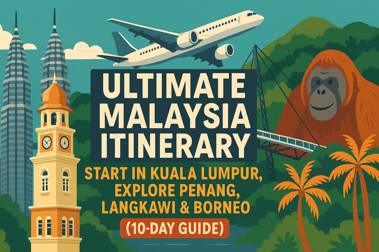 A vibrant digital illustration for the “Ultimate Malaysia Itinerary” 10-day travel guide, featuring Kuala Lumpur’s Petronas Towers, Penang’s clock tower, Langkawi’s tropical beaches, and Borneo’s rainforest with an orangutan and canopy bridge
