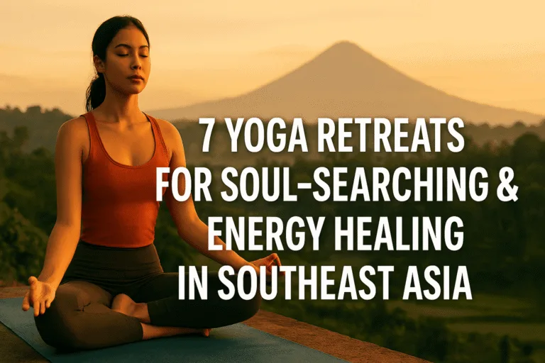 Young woman practicing yoga in lotus pose at sunrise with lush Southeast Asian landscape and volcano in background, promoting soul-searching and energy healing retreats in Bali and Southeast Asia.