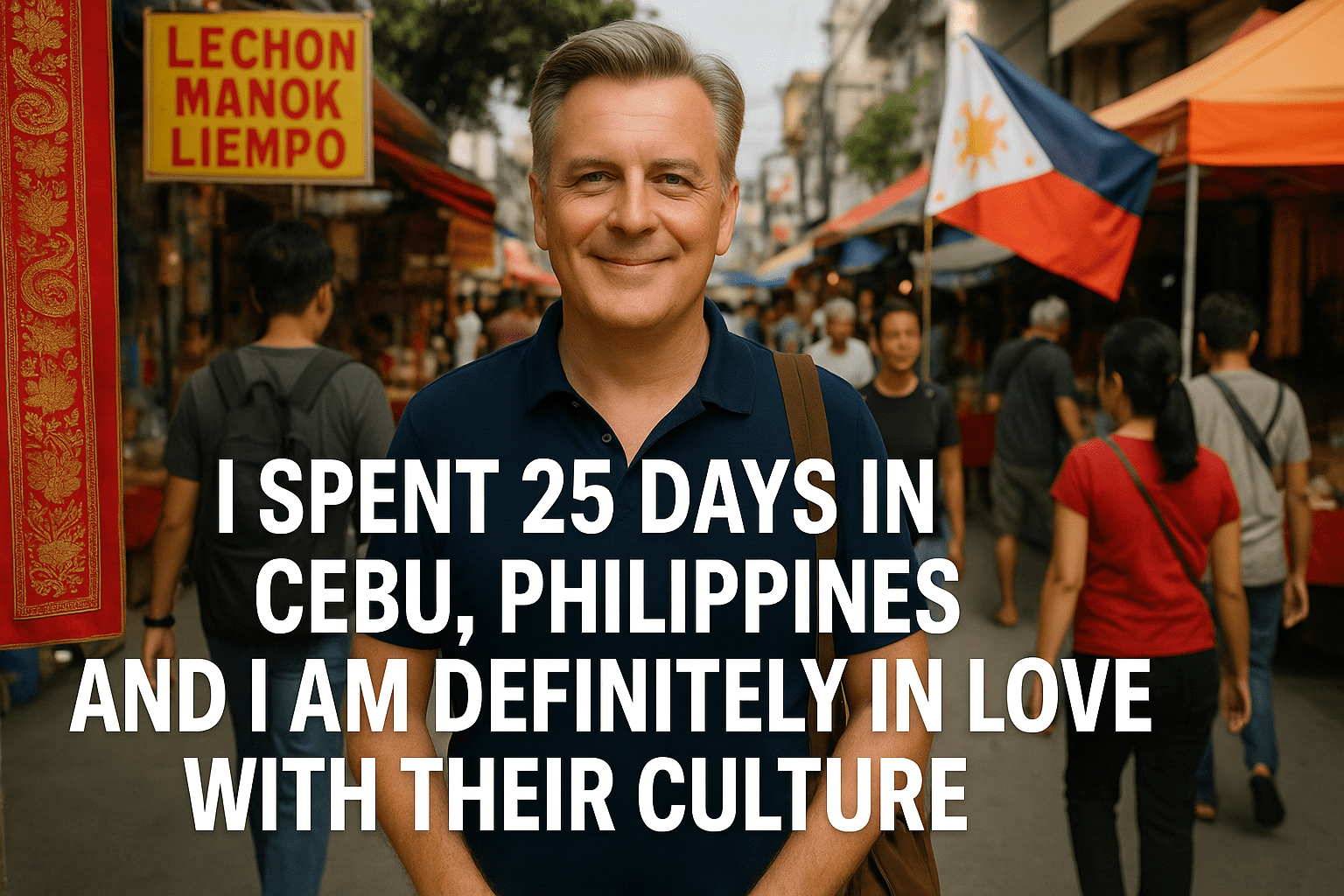 Rich Bauer smiling in a vibrant Cebu street market in the Philippines, wearing a navy shirt and brown crossbody bag, surrounded by local vendors, Filipino flags, and colorful stalls. Overlaid text reads: 'I Spent 25 Days in Cebu, Philippines and I Am Definitely in Love with Their Culture.'