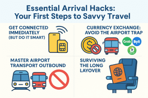 Infographic titled “Essential Arrival Hacks: Your First Steps to Savvy Travel” with four illustrated tips: get connected with a SIM card, avoid airport currency exchange traps, master airport transport options, and survive long layovers with comfort strategies.
