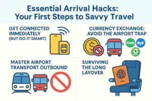 Infographic titled “Essential Arrival Hacks: Your First Steps to Savvy Travel” with four illustrated tips: get connected with a SIM card, avoid airport currency exchange traps, master airport transport options, and survive long layovers with comfort strategies.