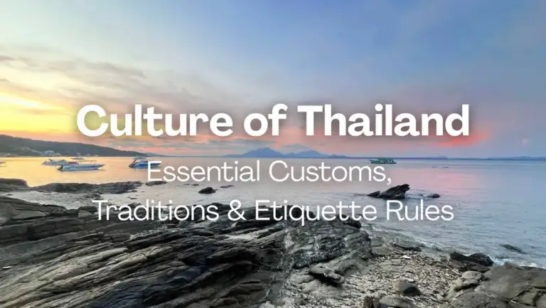 Culture of Thailand: Essential Customs, Traditions & Etiquette Rules featured article image showing a scenic sunset over a rocky Thai coastline.