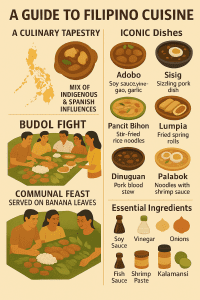 Infographic showcasing Filipino cuisine with iconic dishes like adobo, sisig, and pancit bihon, essential ingredients such as soy sauce and kalamansi, and communal dining traditions like the budol fight.