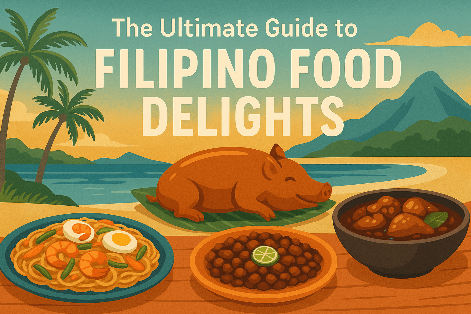 Illustrated cover showing Filipino dishes like lechon, pancit, and adobo on a beachside table with palm trees and mountains in the background, titled 'The Ultimate Guide to Filipino Food Delights'.