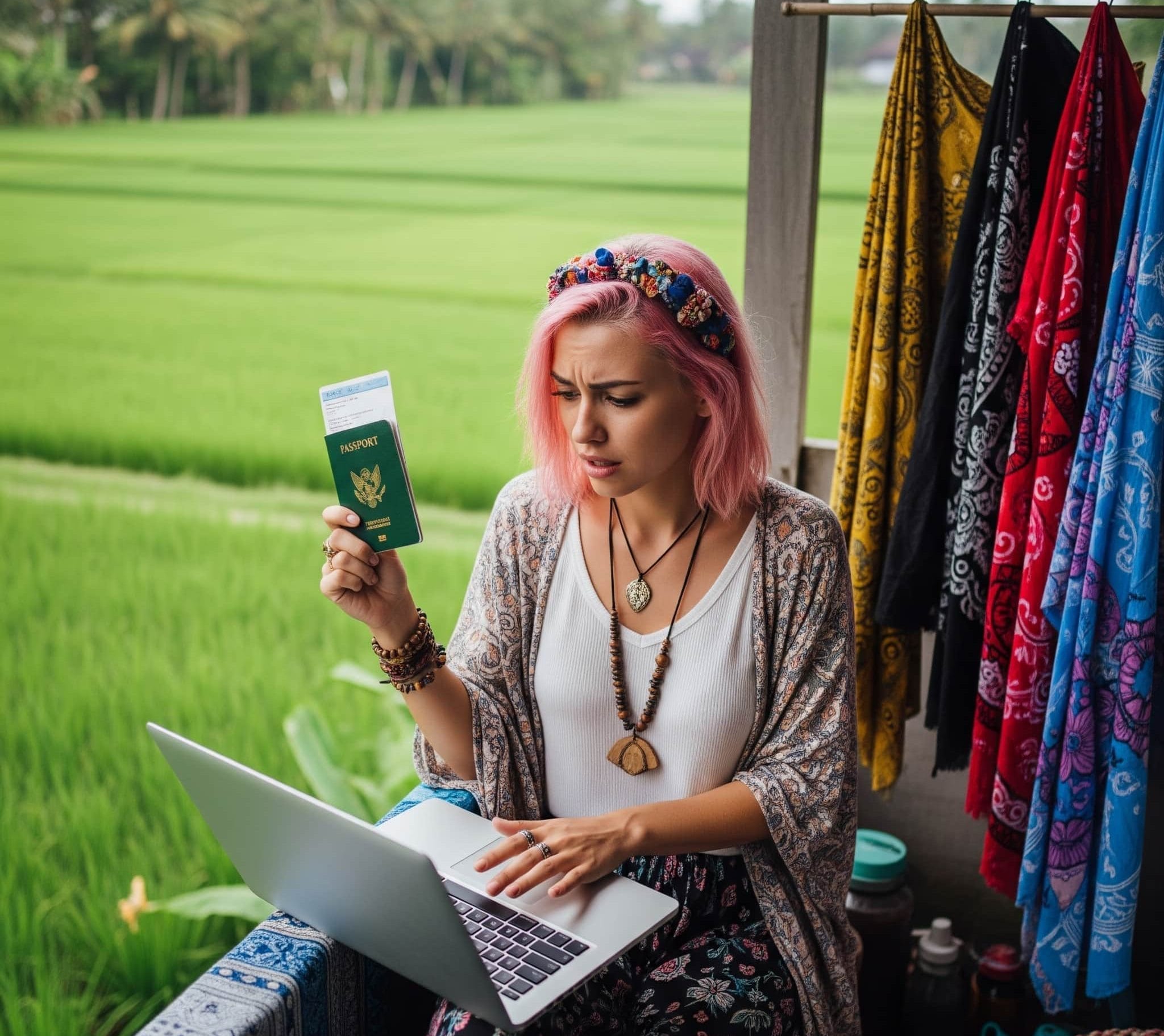 A woman with pink hair looks stressed while holding her passport and looking at her laptop, representing the visa maze and bureaucratic challenges of working remotely in Bali.