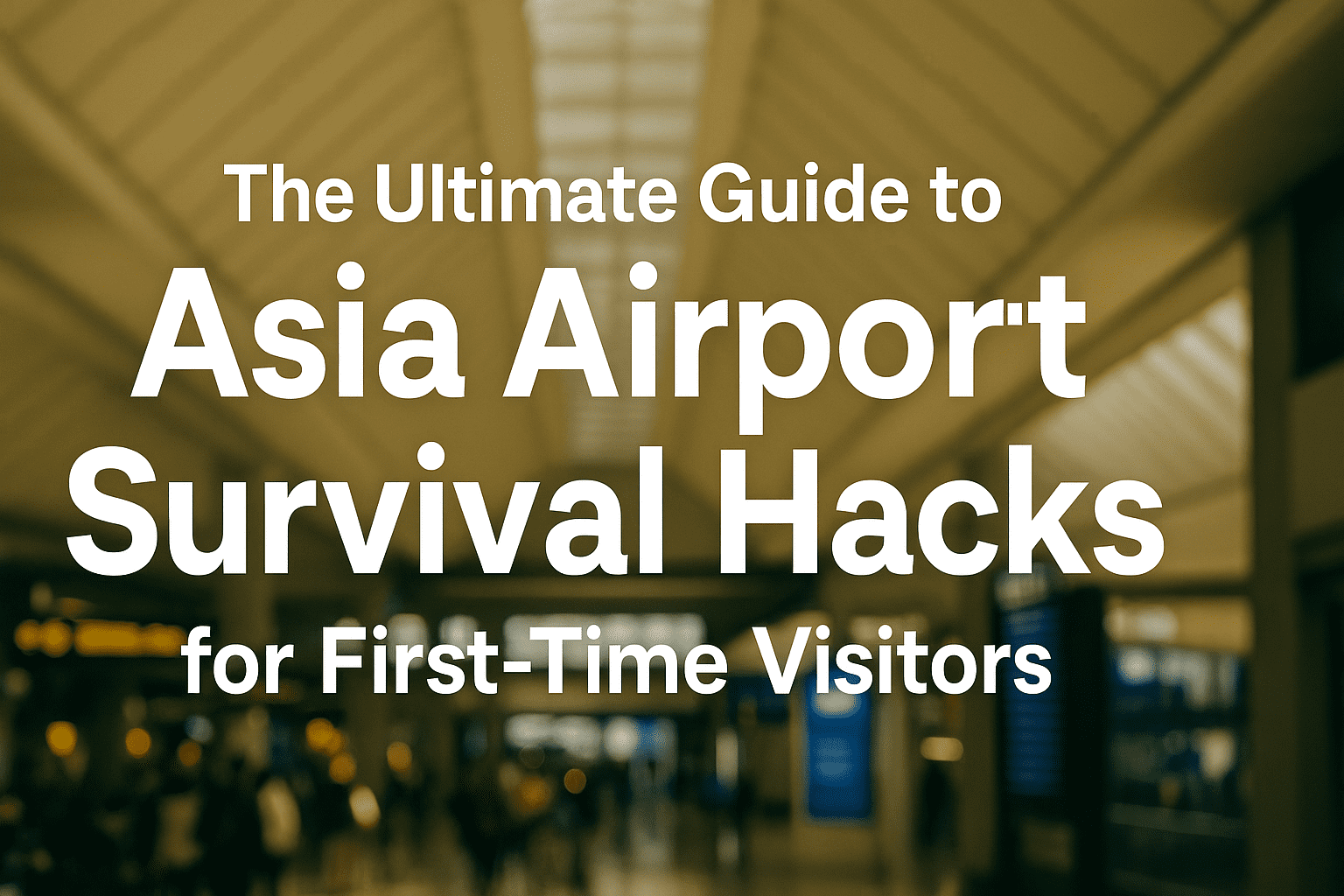 Featured image with the title “The Ultimate Guide to Asia Airport Survival Hacks for First-Time Visitors” over a blurred photo of a busy, modern airport terminal with travelers and signage.