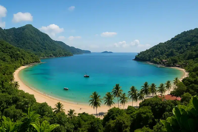 An aerial view of a stunning tropical bay in Malaysia, with a crescent of white sand beach and turquoise water. The beach is lined with palm trees and enclosed by lush, green jungle-covered hills.
