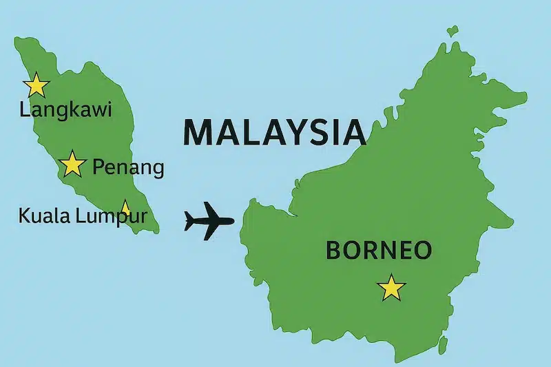 A map illustrating a 10-day Malaysia itinerary, showing Peninsular Malaysia with stars on Kuala Lumpur, Penang, and Langkawi, and the island of Borneo. An airplane icon signifies the flight between the two landmasses.
