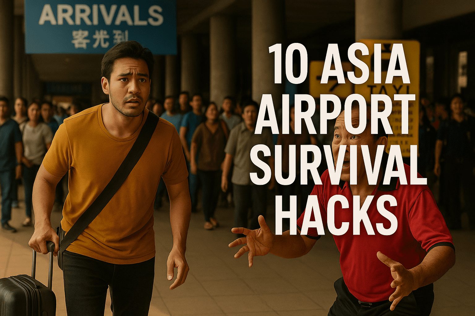 A traveler faces an aggressive taxi driver outside an Asian airport, with the text "10 Asia Airport Survival Hacks" overlayed.