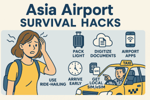 Infographic titled "Asia Airport Survival Hacks" showing six essential travel tips with icons: pack light, digitize documents, use airport apps, arrive early, get local SIM/eSIM, and use ride-hailing—designed to help travelers navigate Asian airports efficiently.