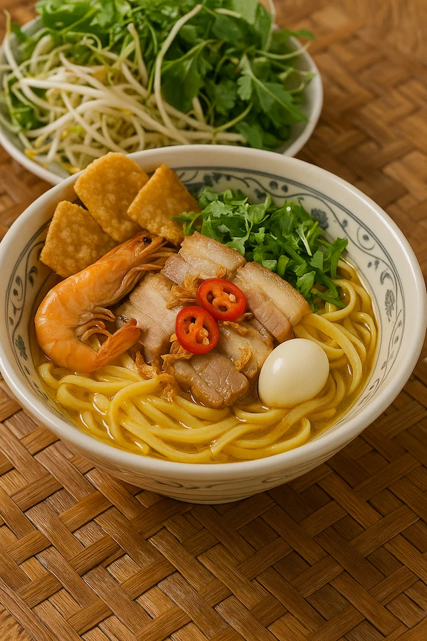 A bowl of Mỳ Quảng, featuring vibrant yellow turmeric noodles in a shallow broth. The dish is topped with pork belly, a shrimp, a quail egg, and fresh cilantro, with a side of herbs.