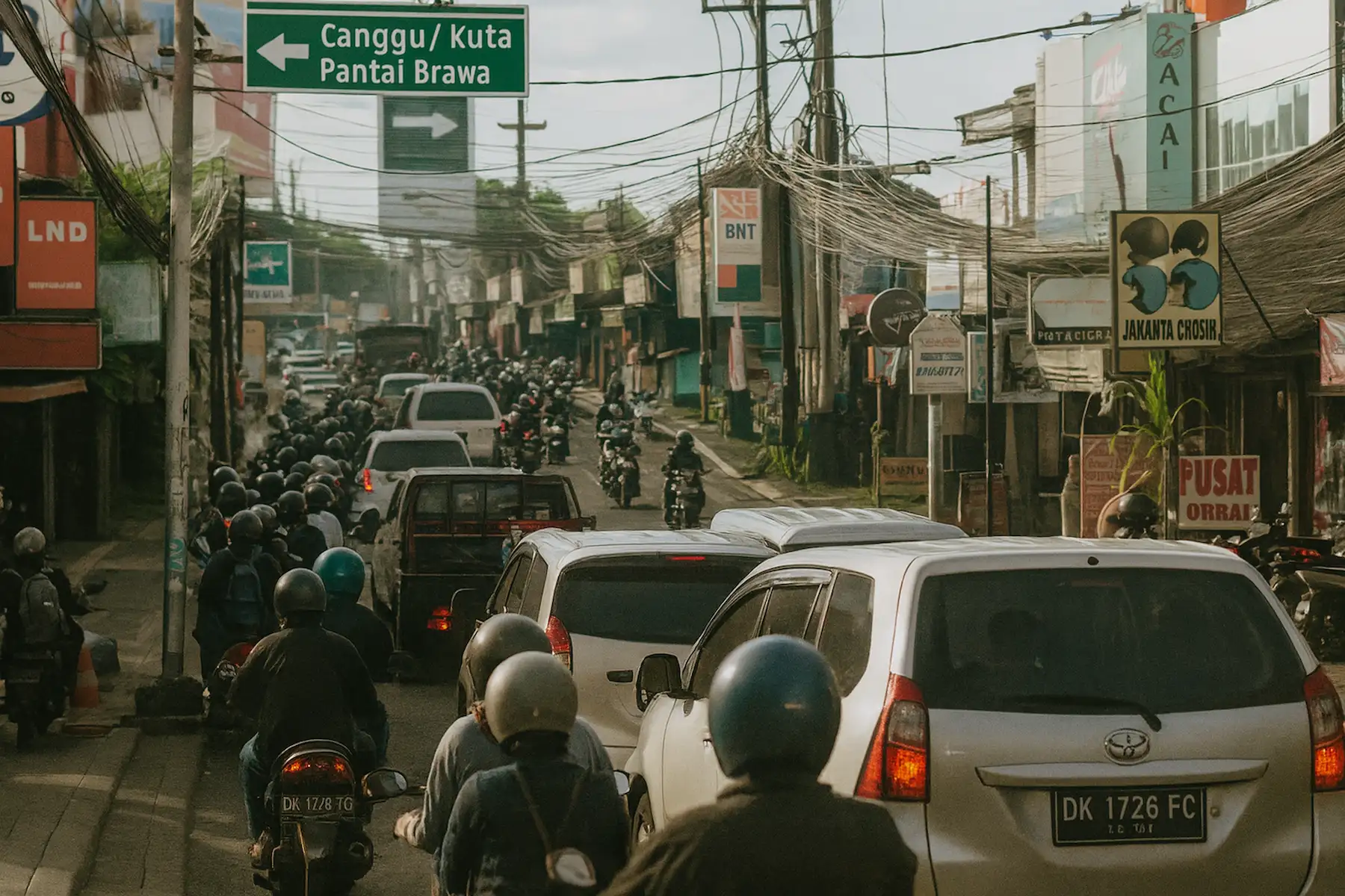 Heavy traffic gridlock on a street in Canggu, Bali, with a dense crowd of scooters and cars, illustrating a major daily challenge for remote workers.