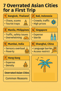 nfographic listing 7 overrated Asian cities for first-time travelers, including Bangkok, Bali, Manila, Singapore, Mumbai, Shanghai, and Hong Kong, with key challenges like traffic, expense, and tourist traps—designed for travel planning and smarter itinerary choices.