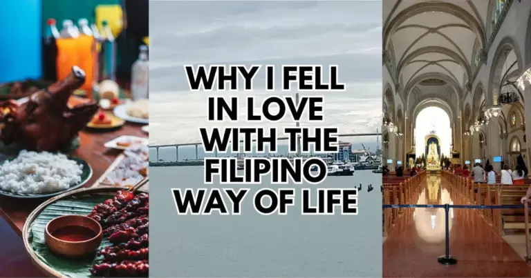 A collage highlighting the pillars of Cebuano culture: a communal food feast with lechon, the iconic CCLEX bridge, and the deep faith shown inside the Basilica del Santo Niño in Cebu.