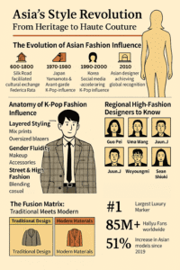 An infographic titled "Asia’s Style Revolution: From Heritage to Haute Couture" presents the evolution of Asian fashion influence. It begins with a timeline: from the 600s–1800s (traditional garments and Silk Road cultural exchange), through the 1970s–80s (Japanese avant-garde designers), the 1990s–2000s (K-Pop’s rise), the 2010s (social media-driven visibility), to the 2020s (global recognition of Asian designers). The graphic includes a stylized male figure to illustrate key aspects of K-Pop fashion: layered styling, gender fluidity, and street-high fashion blending. Beside it, portraits of six influential Asian high-fashion designers—Guo Pei, Uma Wang, Juun.J, Wooyoungmi, Rei Kawakubo, and Sean Sheila—highlight regional diversity. A “Fusion Matrix” contrasts traditional design with modern materials, while cultural impact stats emphasize Asia’s dominance in luxury markets, over 85 million global Hallyu fans, and a 51% increase in Asian model representation since 2019. The layout uses clean, minimal visuals in beige and black tones with red-orange accents.
