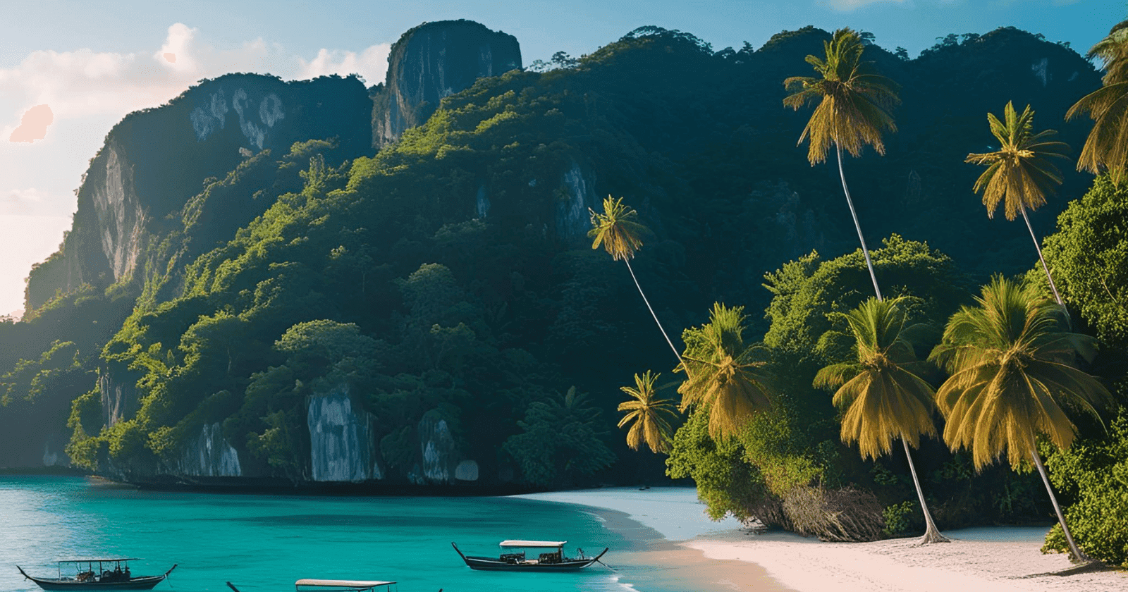 Classic longtail boats rest on the turquoise water of a secluded Southeast Asian beach with limestone cliffs, a dream destination for a budget digital nomad.