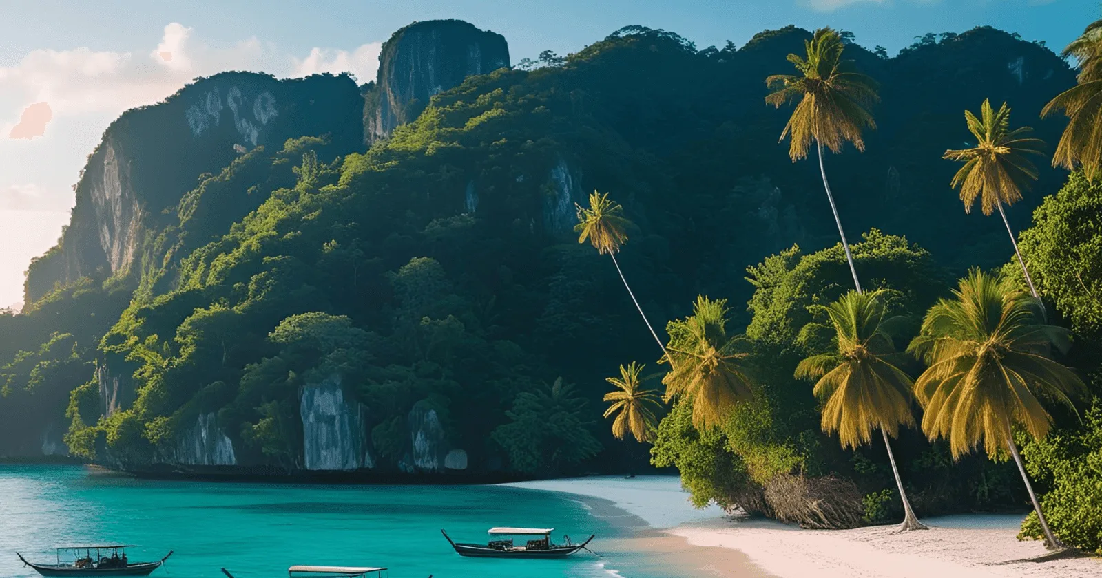 Classic longtail boats rest on the turquoise water of a secluded Southeast Asian beach with limestone cliffs, a dream destination for a budget digital nomad.