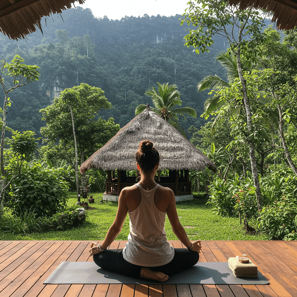 Woman meditating in lotus pose during a sunrise yoga retreat in Bali, surrounded by lush tropical greenery and distant volcano, promoting wellness and mindfulness in Southeast Asia